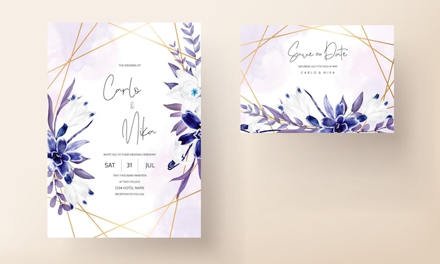 wedding invitation card with beautiful navy floral