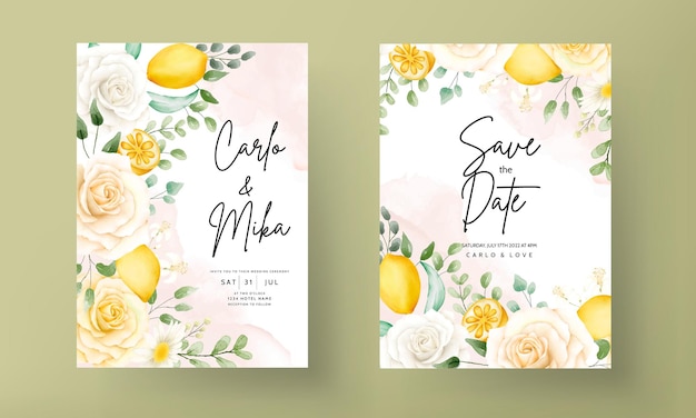 美しい夏のバラとレモン リース フレームの結婚式の招待カード