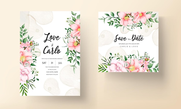 Free vector wedding invitation card with beautiful watercolor pink flower