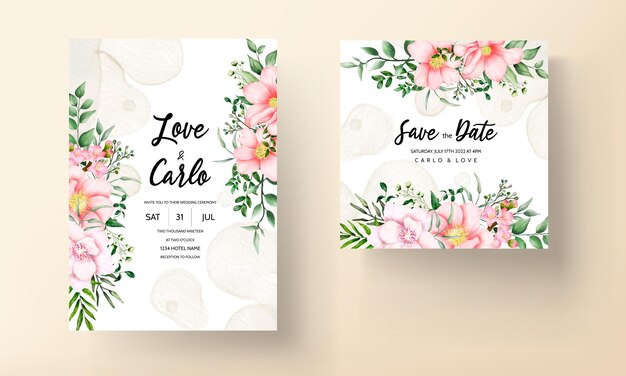 wedding invitation card with beautiful watercolor pink flower