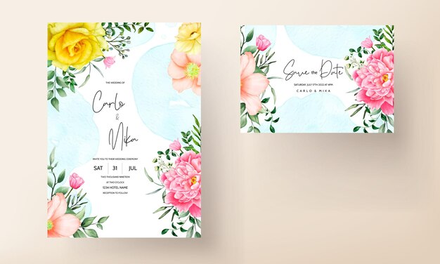 wedding invitation card with blooming peony and roses flower watercolor