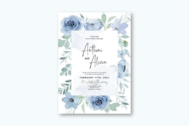 Свадебное приглашение с голубой цветочной акварелью