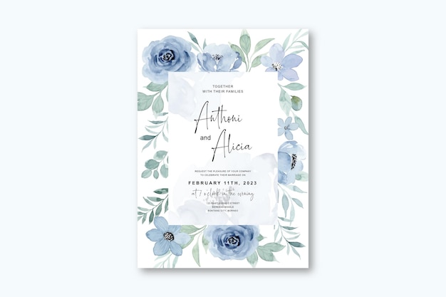 Wedding invitation card with blue floral watercolor
