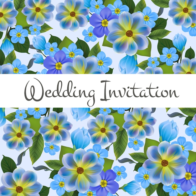 Wedding invitation card with blue flowers in background. 