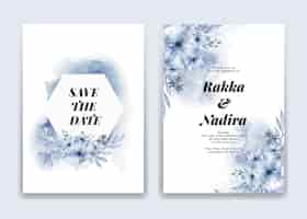Free vector wedding invitation card with blue waves shapes and flower