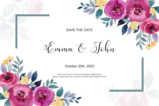 Wedding invitation card with burgundy roses watercolor