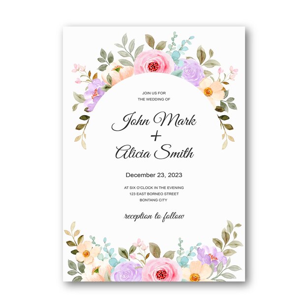 다채로운 수채화 꽃과 결혼식 초대 카드