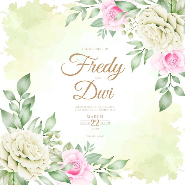 Wedding invitation card with floral leaves watercolor set