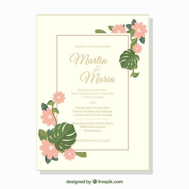 Free vector wedding invitation card with flowers and leaves