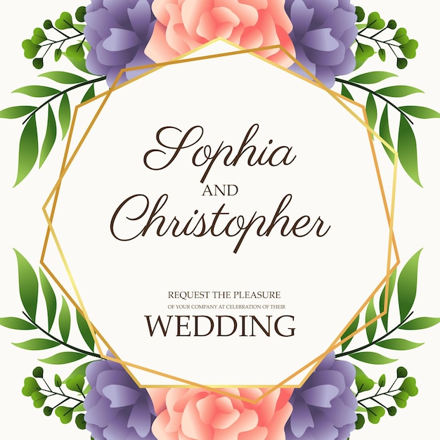 花のピンクと金色の正方形のフレームのイラストと結婚式の招待状 プレミアムベクター 花のピンクと金色の正方形のフレームのイラストと結婚式の招待状 プレミアムベクター