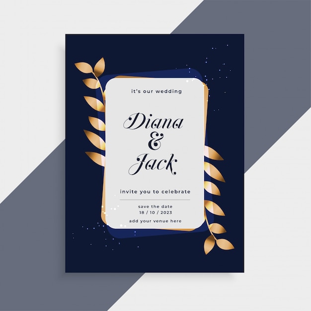 Free vector wedding invitation card with golden leaves frame