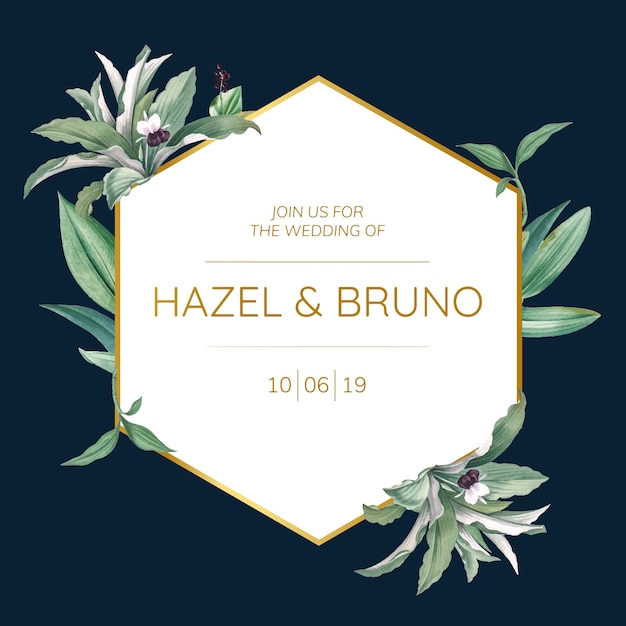 Wedding invitation card with green leaves design vector