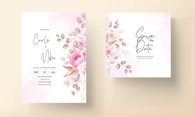 Wedding invitation card with hand draw peach and brown floral