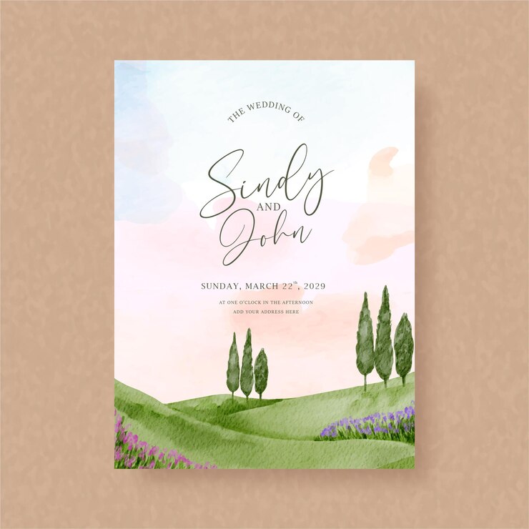 Free Vector wedding invitation card with pine trees on greenery hills on beautiful sky background