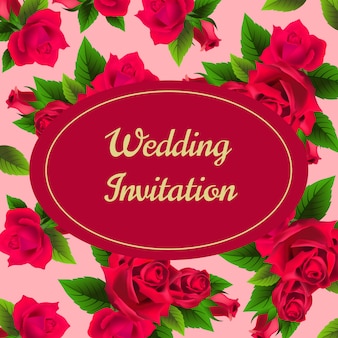 Wedding invitation card with red roses on pink background.
