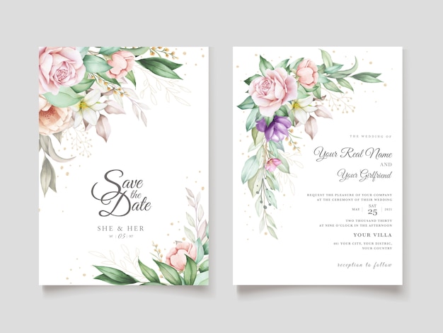 Wedding invitation card with soft green watercolor floral