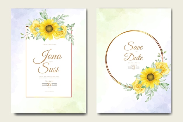 태양 꽃 수채화와 결혼식 초대 카드