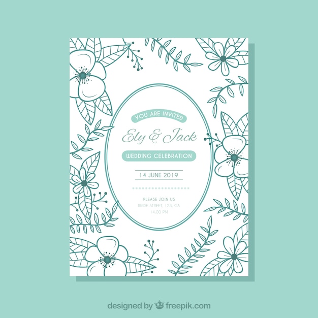 Wedding invitation card with vegetation in hand drawn style