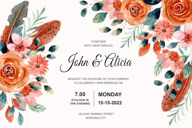 Free vector wedding invitation card with watercolor flower and feather