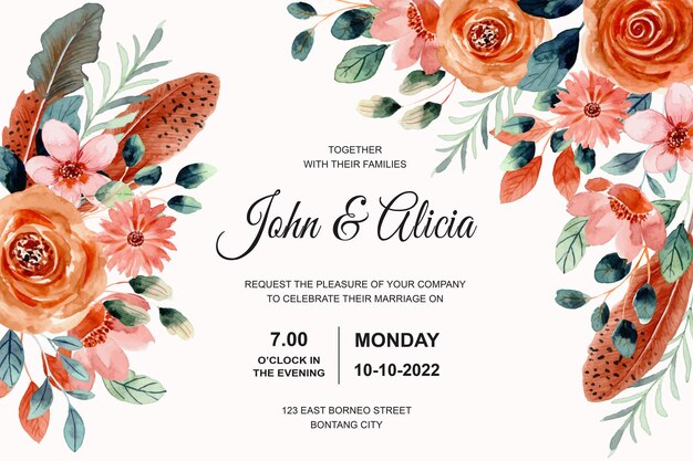 Wedding invitation card with watercolor flower and feather