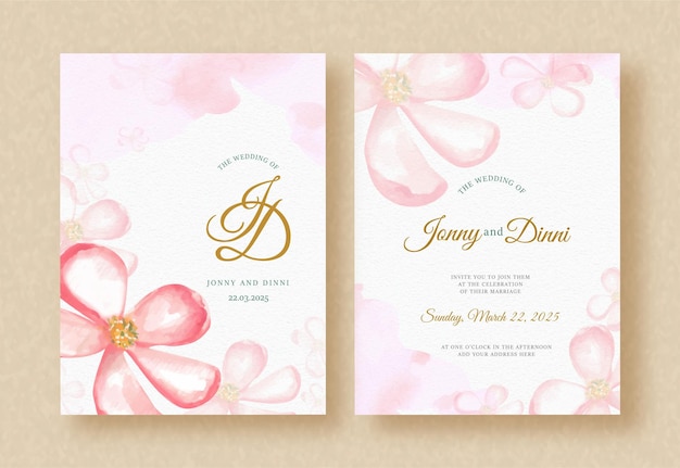 Free vector wedding invitation card with watercolor painting pink bloom flowers