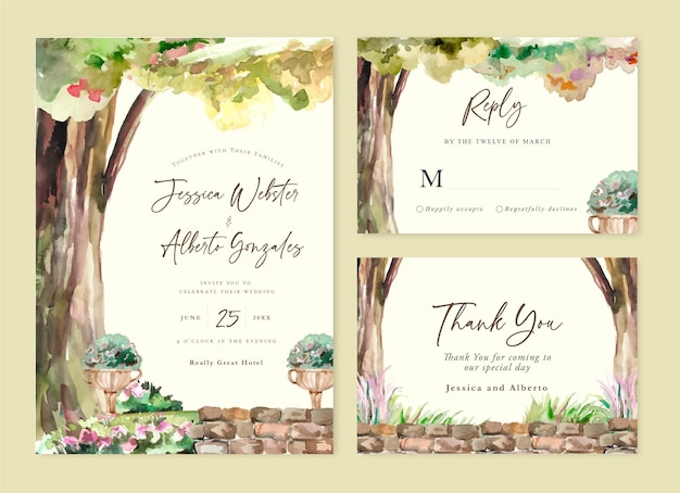 Free vector wedding invitation card with watercolor trees and garden