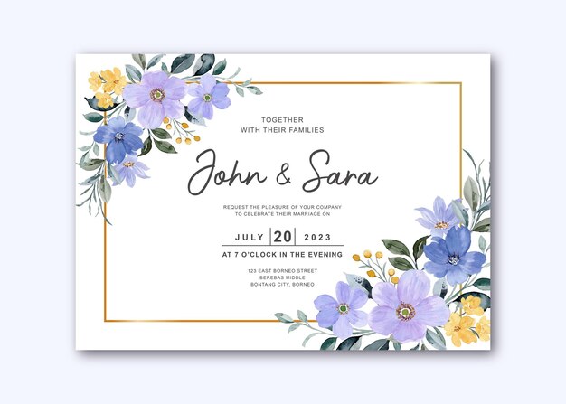 Wedding invitation card with yellow purple floral watercolor