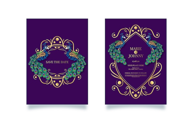 Free vector wedding invitation concept with a peacock