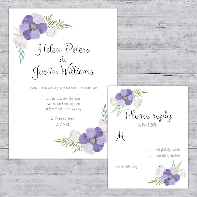 Free vector wedding invitation decorated with purple flowers