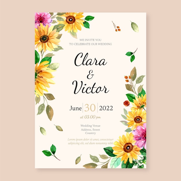Free vector wedding invitation design template with botanical illustration