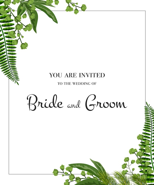 Wedding invitation. Frame with greenery on white background. Party, event, celebration. 