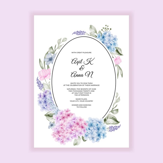 Wedding invitation hydrangea pink blue watercolor