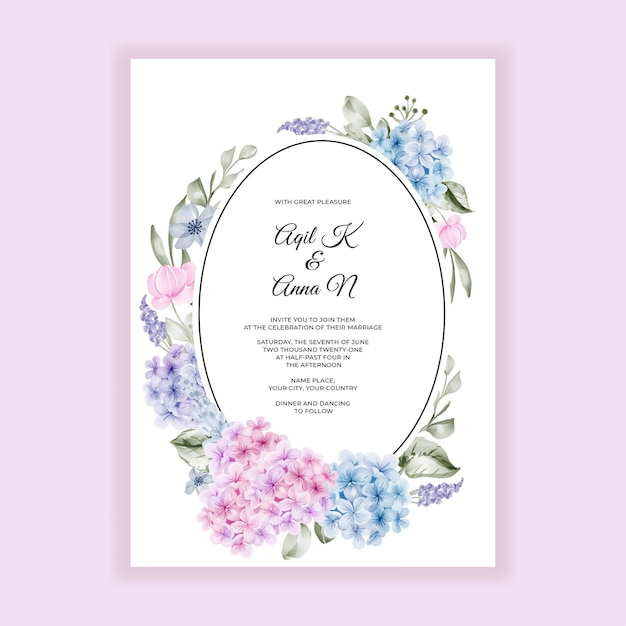 Wedding invitation hydrangea pink blue watercolor