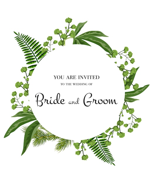 Wedding invitation. Lettering in circle with greenery on white background.