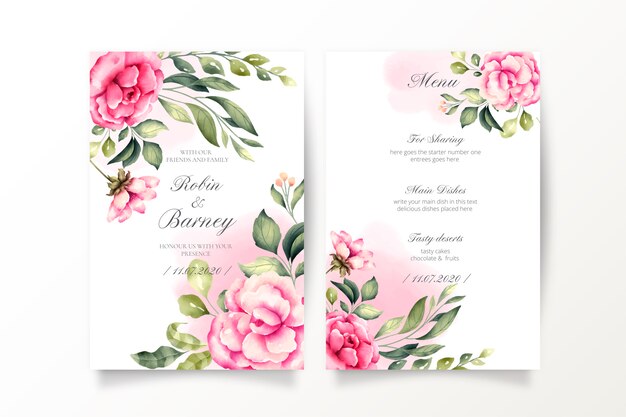 Wedding Invitation and menu template with watercolor flowers