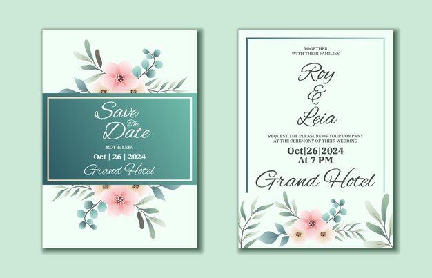 Wedding invitation or save the date card template with hand drawn floral ornament