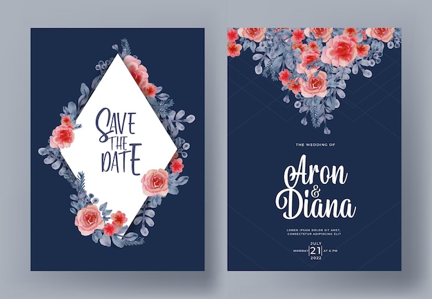Wedding invitation set of watercolor flower and leaf