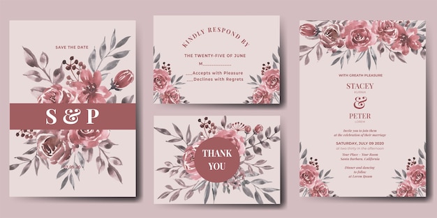 wedding invitation set of watercolor flower maroon
