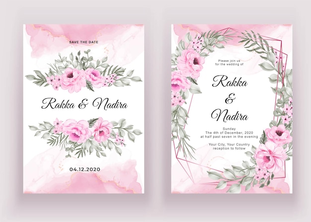 Free vector wedding invitation set of watercolor flower pink and leaf