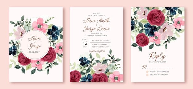 Free vector wedding invitation set with beautiful floral watercolor