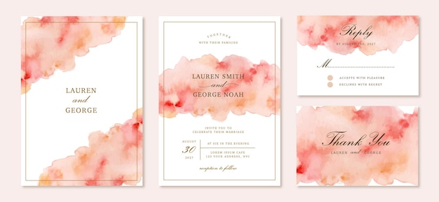 wedding invitation set with peach abstract watercolor