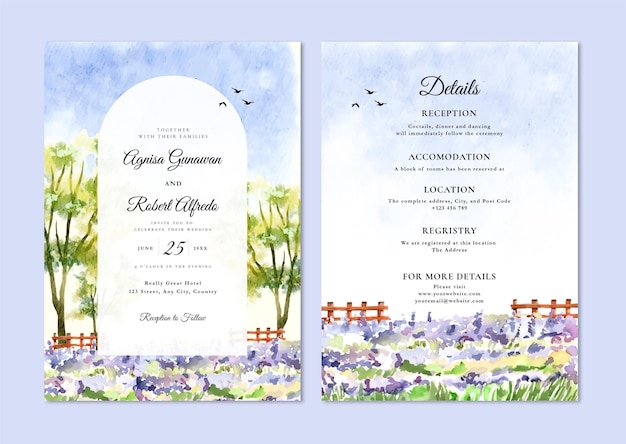 Wedding Invitation set with tuscany lavender hills of Italy scenery