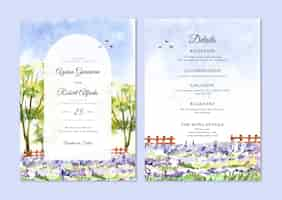 Free vector wedding invitation set with tuscany lavender hills of italy scenery