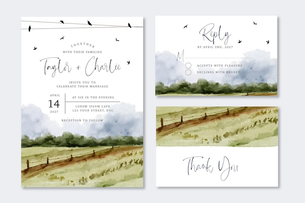 Free vector wedding invitation set with watercolor landscape