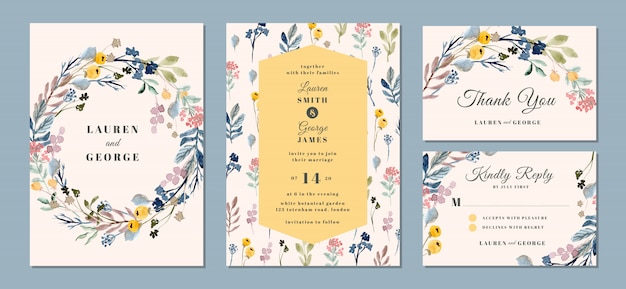 Wedding invitation suite with beautiful floral background watercolor