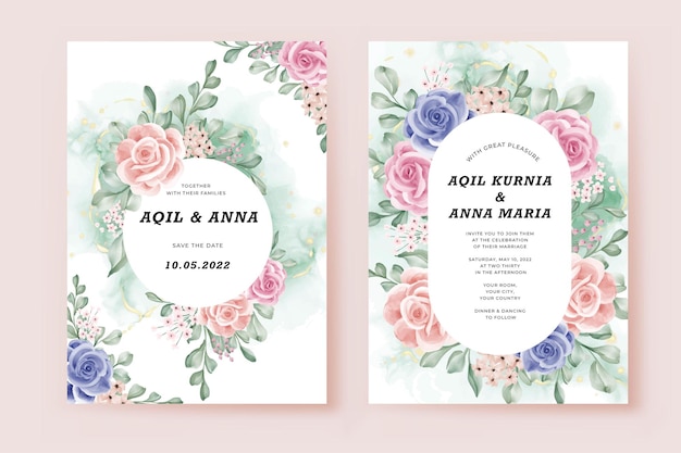 無料ベクター ピンクと青の花で設定された結婚式の招待状のテンプレートカード