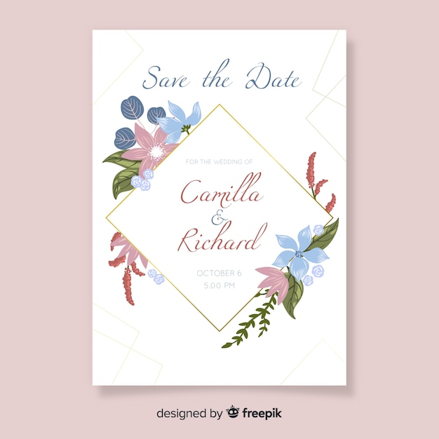 Free vector wedding invitation template in floral style