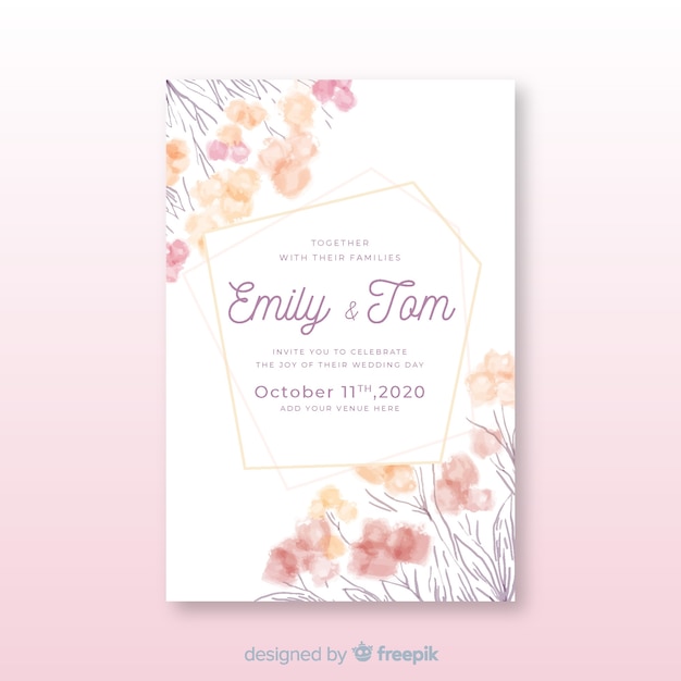 Free vector wedding invitation template hand-drawn with flowers