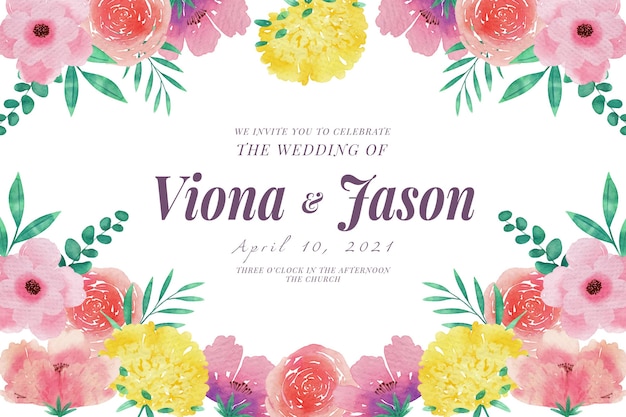 結婚式の招待状のテンプレートピンクと黄色の花 無料ベクター