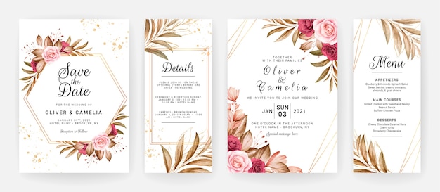 バーガンディ​と​茶色​の​バラ​の​花​と​葉​の​装飾​が​設定された​結婚式​の​招待状​の​テンプレート​。